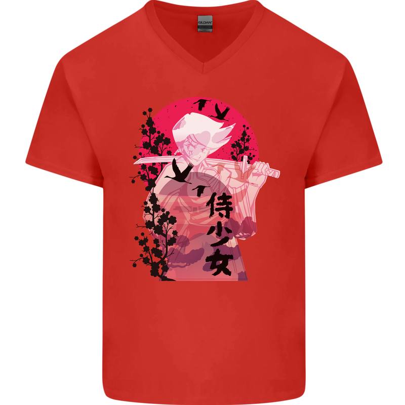 Anime Samurai Woman With Sword Mens V-Neck Cotton T-Shirt Red