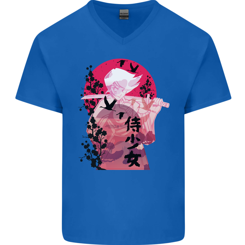 Anime Samurai Woman With Sword Mens V-Neck Cotton T-Shirt Royal Blue