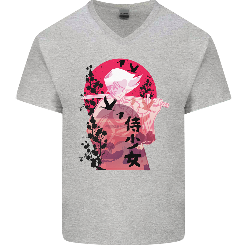 Anime Samurai Woman With Sword Mens V-Neck Cotton T-Shirt Sports Grey