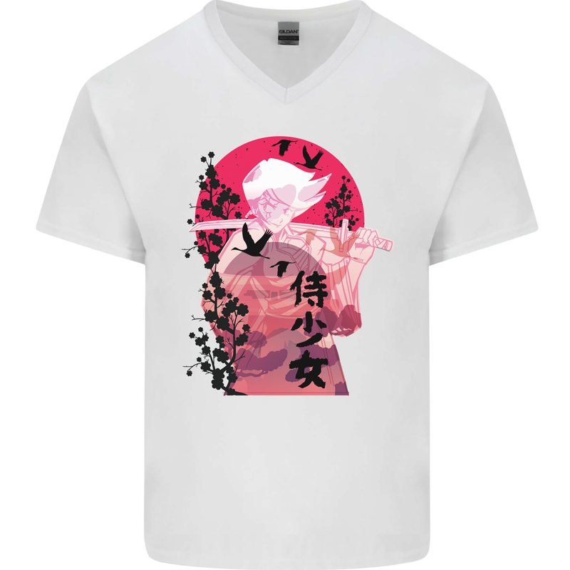 Anime Samurai Woman With Sword Mens V-Neck Cotton T-Shirt White