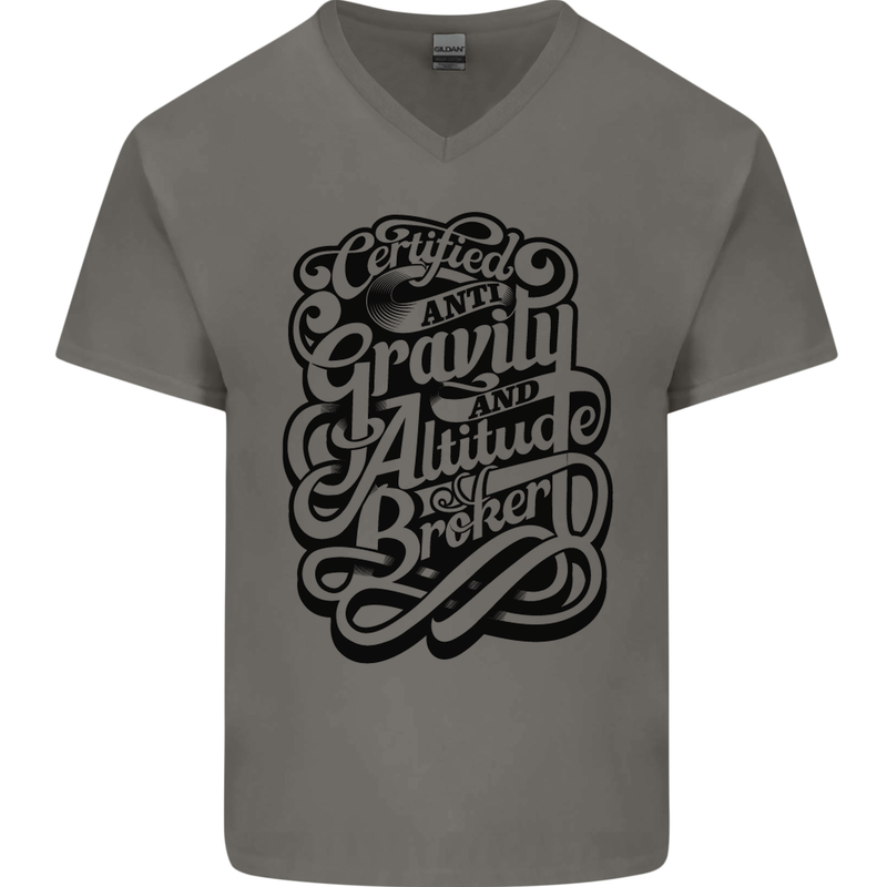 Anti-Gravity Pilot Hang Gliding Paragliding Mens V-Neck Cotton T-Shirt Charcoal