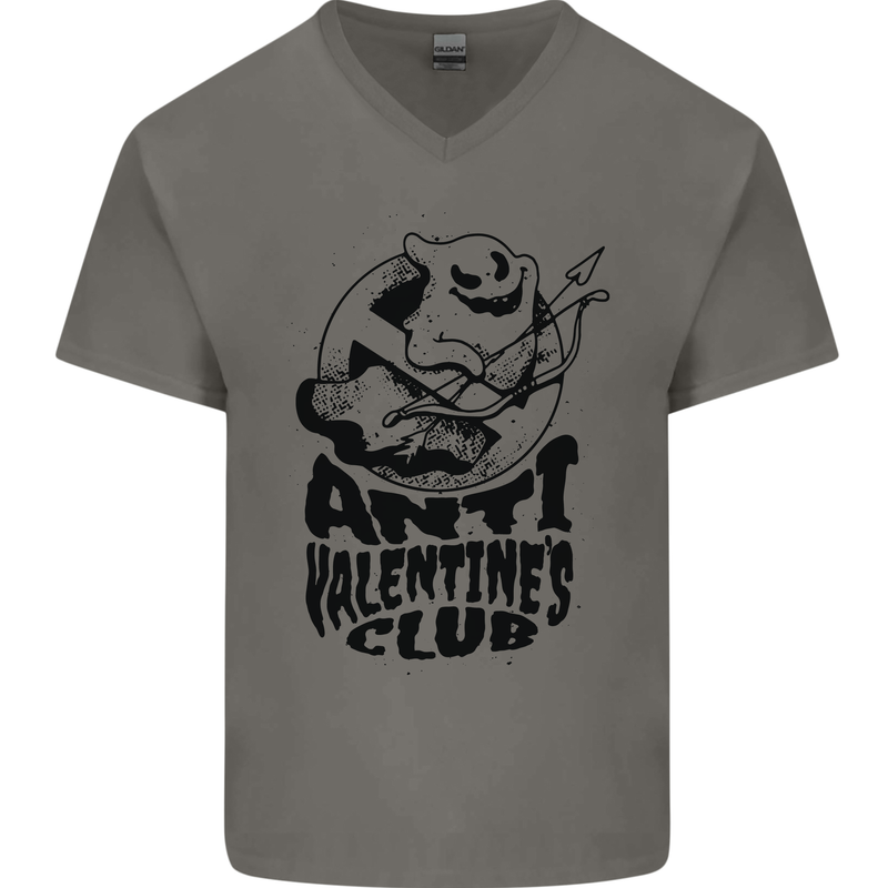 Anti Valentines Club Romance Single Day Mens V-Neck Cotton T-Shirt Charcoal