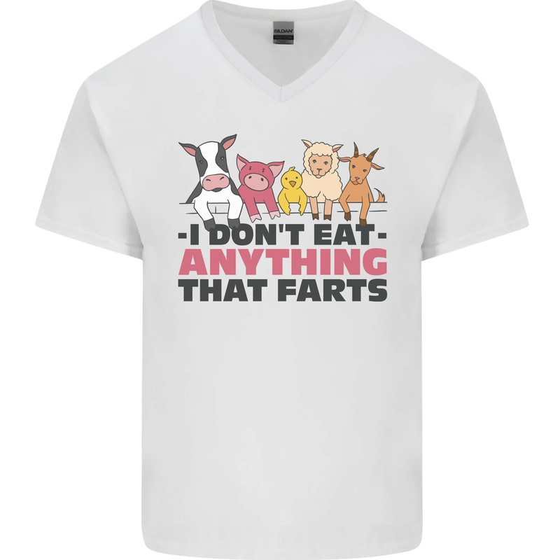 Anything That Farts Funny Vegan Vegetarian Mens V-Neck Cotton T-Shirt White