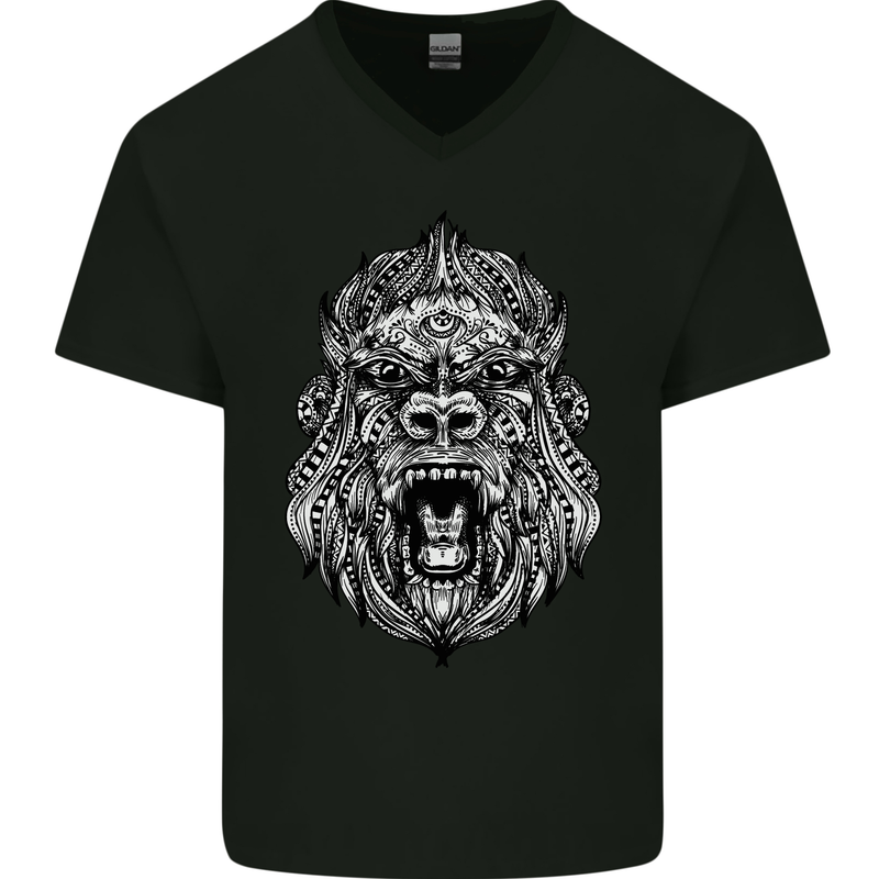 Ape Mandala Art Mens V-Neck Cotton T-Shirt Black