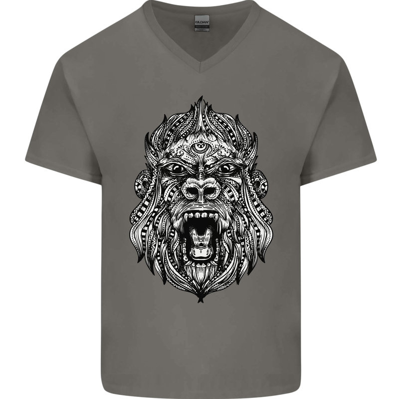 Ape Mandala Art Mens V-Neck Cotton T-Shirt Charcoal