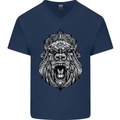 Ape Mandala Art Mens V-Neck Cotton T-Shirt Navy Blue