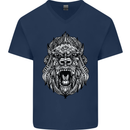 Ape Mandala Art Mens V-Neck Cotton T-Shirt Navy Blue