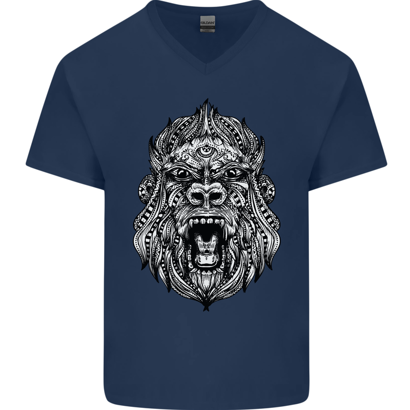 Ape Mandala Art Mens V-Neck Cotton T-Shirt Navy Blue