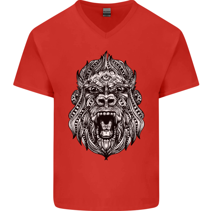 Ape Mandala Art Mens V-Neck Cotton T-Shirt Red