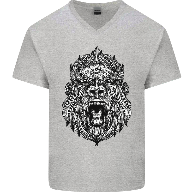 Ape Mandala Art Mens V-Neck Cotton T-Shirt Sports Grey