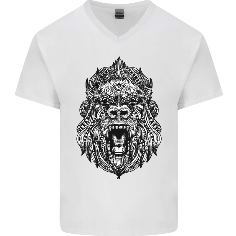 Ape Mandala Art Mens V-Neck Cotton T-Shirt White