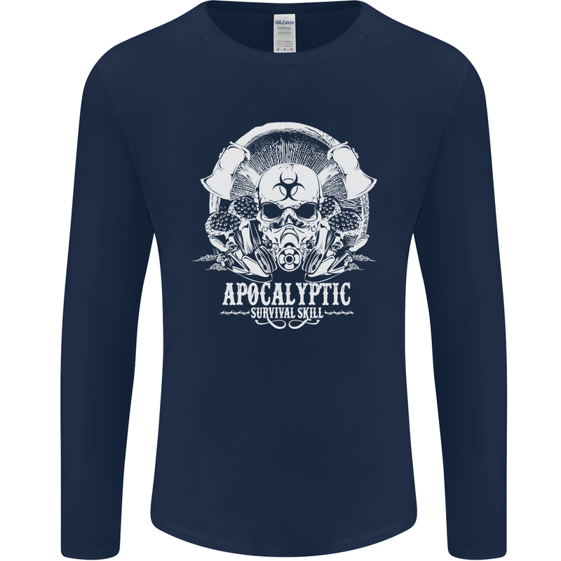 Apocalyptic Survival Skill Skull Gaming Mens Long Sleeve T-Shirt Navy Blue