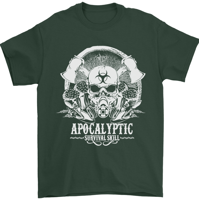 Apocalyptic Survival Skill Skull Gaming Mens T-Shirt Cotton Gildan Forest Green