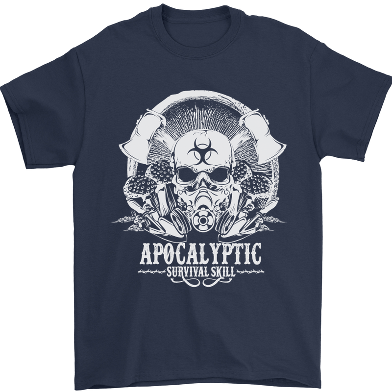 Apocalyptic Survival Skill Skull Gaming Mens T-Shirt Cotton Gildan Navy Blue