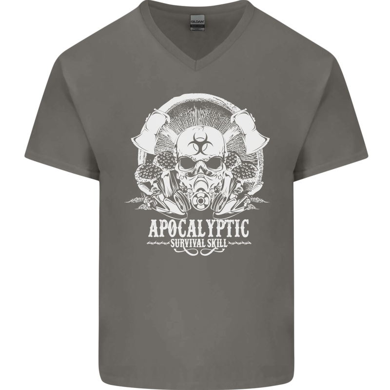 Apocalyptic Survival Skill Skull Gaming Mens V-Neck Cotton T-Shirt Charcoal