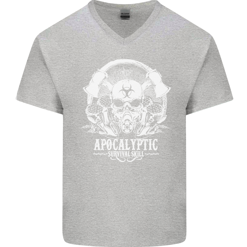 Apocalyptic Survival Skill Skull Gaming Mens V-Neck Cotton T-Shirt Sports Grey