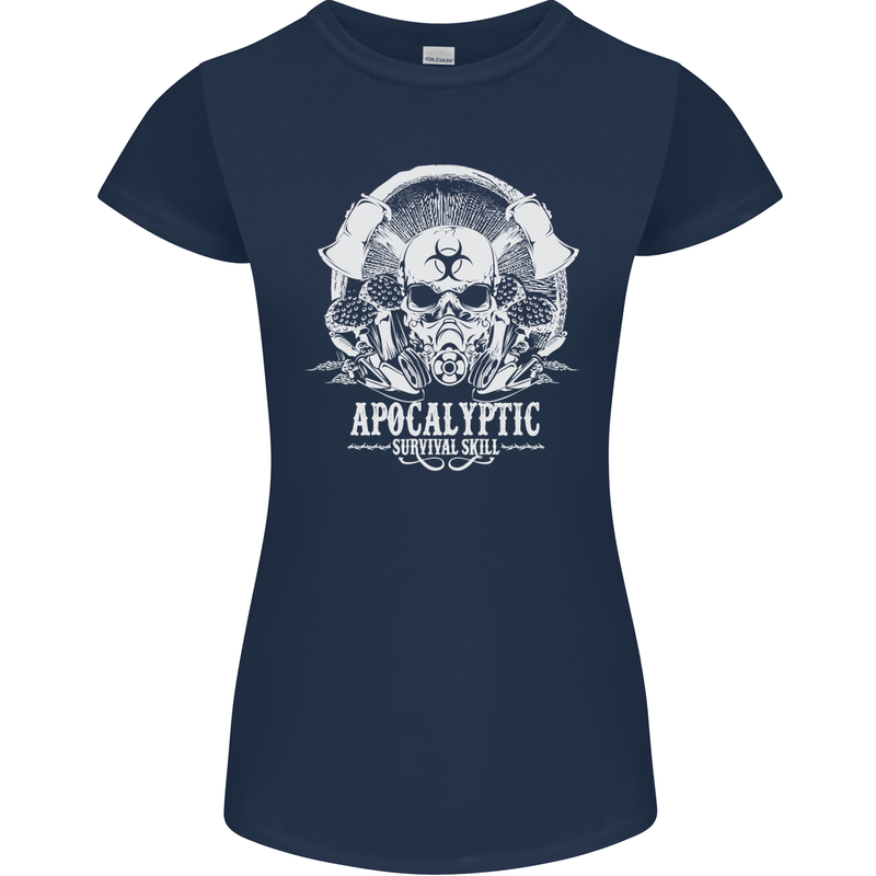 Apocalyptic Survival Skill Skull Gaming Womens Petite Cut T-Shirt Navy Blue