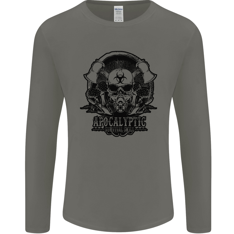 Apocalyptic Survival Skull Gamer Gaming Mens Long Sleeve T-Shirt Charcoal