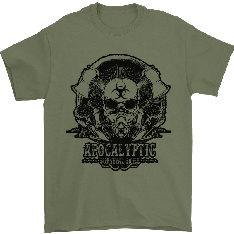 Apocalyptic Survival Skull Gamer Gaming Mens T-Shirt Cotton Gildan Military Green