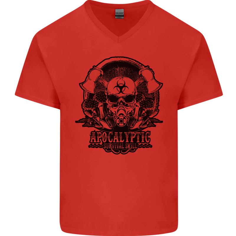Apocalyptic Survival Skull Gamer Gaming Mens V-Neck Cotton T-Shirt Red