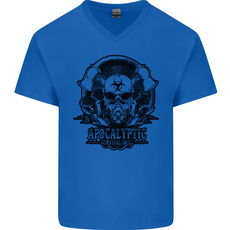 Apocalyptic Survival Skull Gamer Gaming Mens V-Neck Cotton T-Shirt Royal Blue
