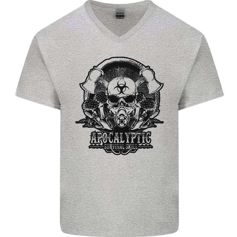Apocalyptic Survival Skull Gamer Gaming Mens V-Neck Cotton T-Shirt Sports Grey