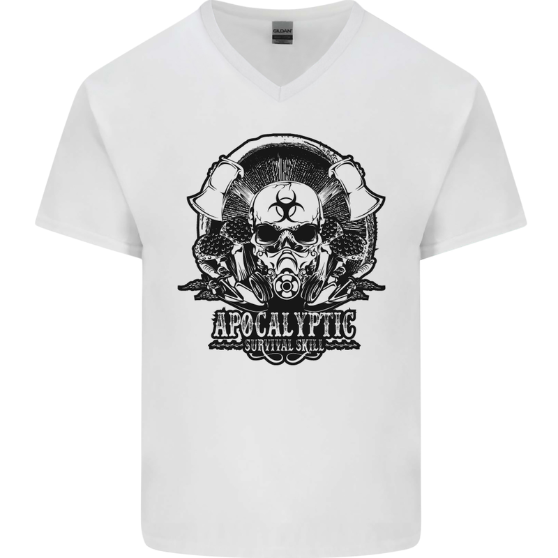 Apocalyptic Survival Skull Gamer Gaming Mens V-Neck Cotton T-Shirt White