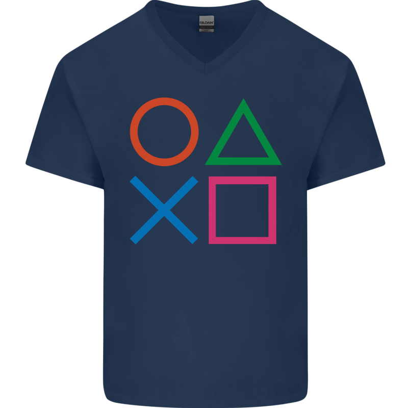Arcade Game Console Buttons Gaming Gamer Mens V-Neck Cotton T-Shirt Navy Blue