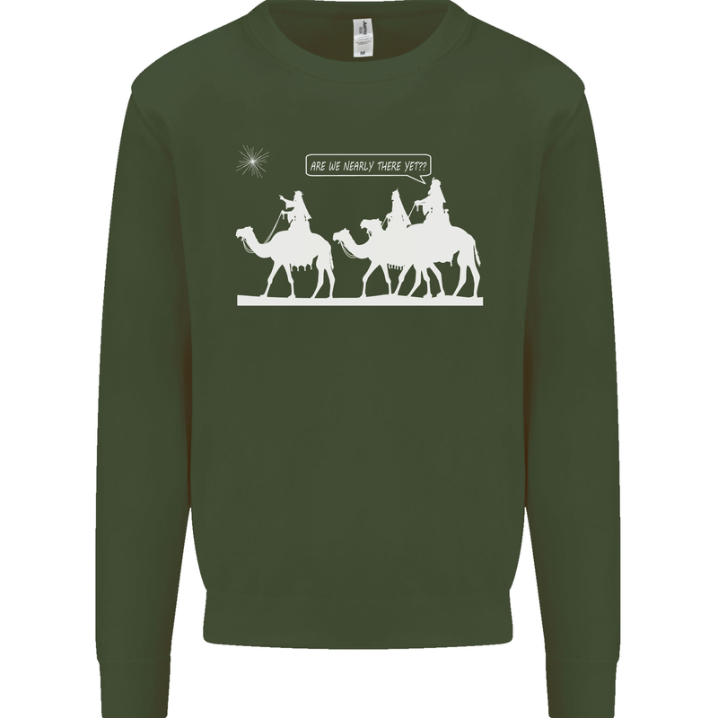 Are We Nearly there Yet? Funny Christmas Kids Sweatshirt Jumper Forest Green