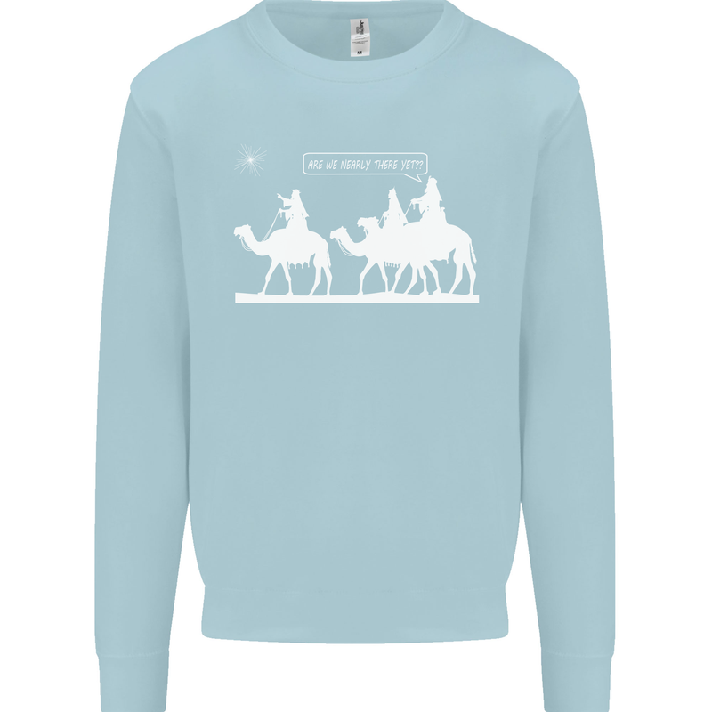 Are We Nearly there Yet? Funny Christmas Kids Sweatshirt Jumper Light Blue