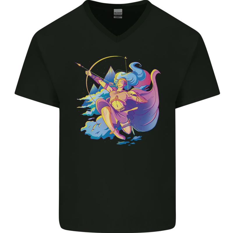 Artemis Greek Goddess of Wild Animals Mens V-Neck Cotton T-Shirt Black
