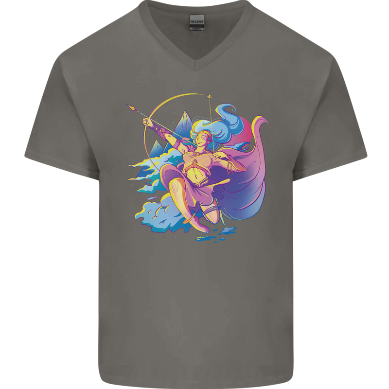 Artemis Greek Goddess of Wild Animals Mens V-Neck Cotton T-Shirt Charcoal