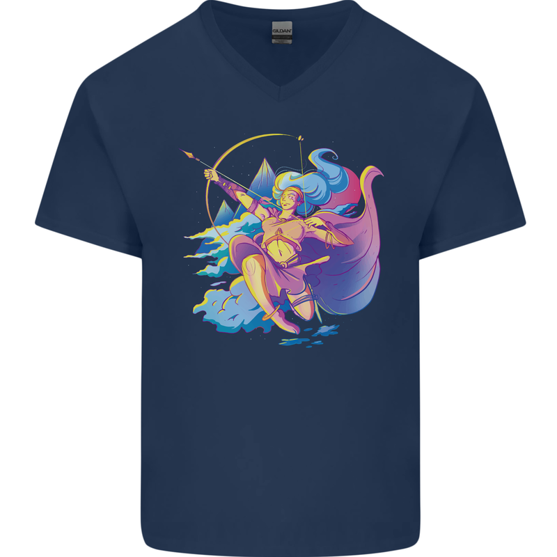 Artemis Greek Goddess of Wild Animals Mens V-Neck Cotton T-Shirt Navy Blue