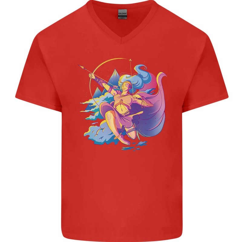 Artemis Greek Goddess of Wild Animals Mens V-Neck Cotton T-Shirt Red