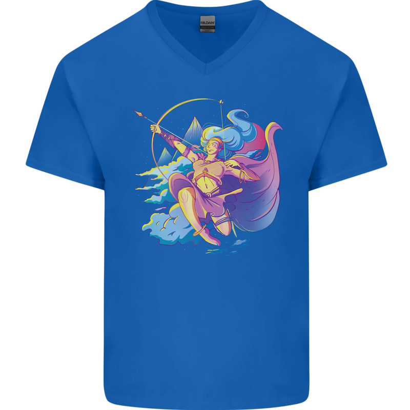 Artemis Greek Goddess of Wild Animals Mens V-Neck Cotton T-Shirt Royal Blue