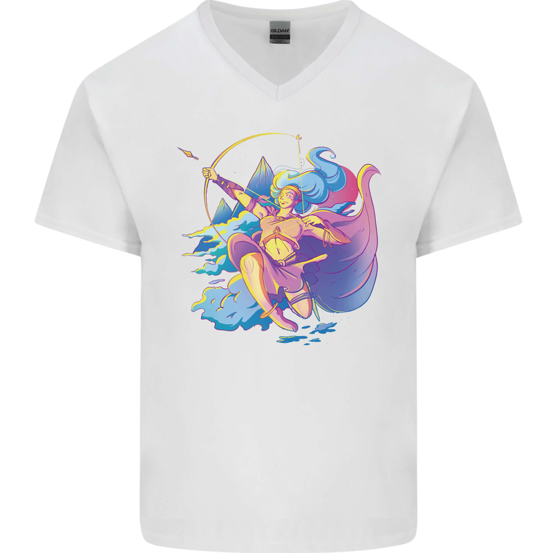 Artemis Greek Goddess of Wild Animals Mens V-Neck Cotton T-Shirt White