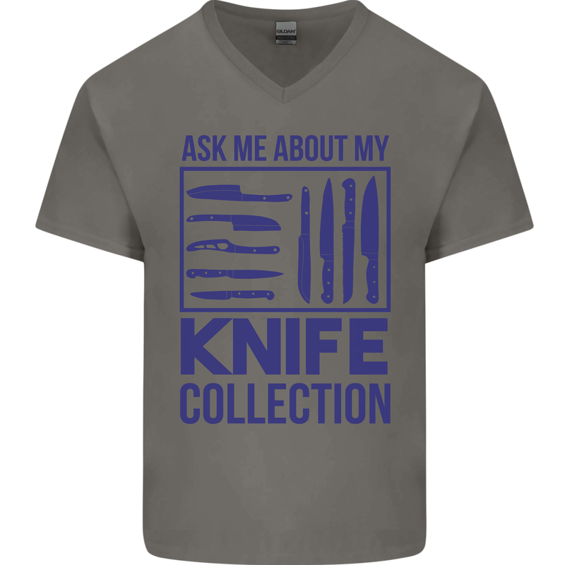 Ask About My Knife Collection Funny Chef Mens V-Neck Cotton T-Shirt Charcoal