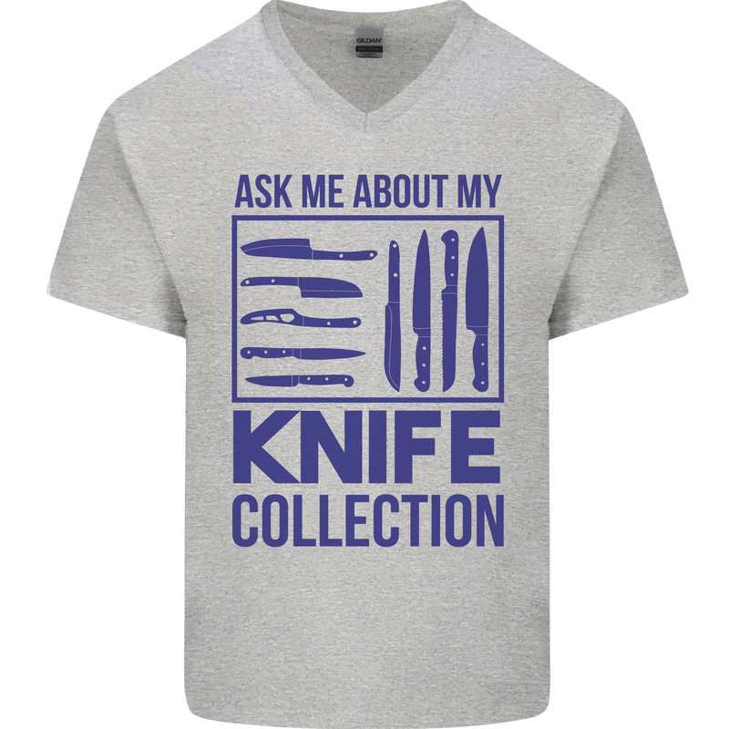 Ask About My Knife Collection Funny Chef Mens V-Neck Cotton T-Shirt Sports Grey
