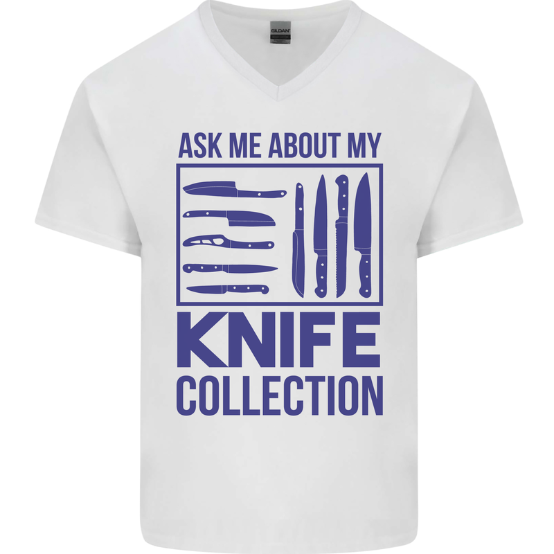 Ask About My Knife Collection Funny Chef Mens V-Neck Cotton T-Shirt White