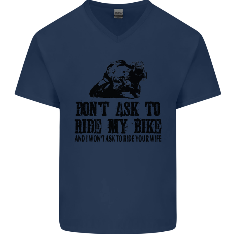 Ask to Ride My Biker Motorbike Motorcycle Mens V-Neck Cotton T-Shirt Navy Blue