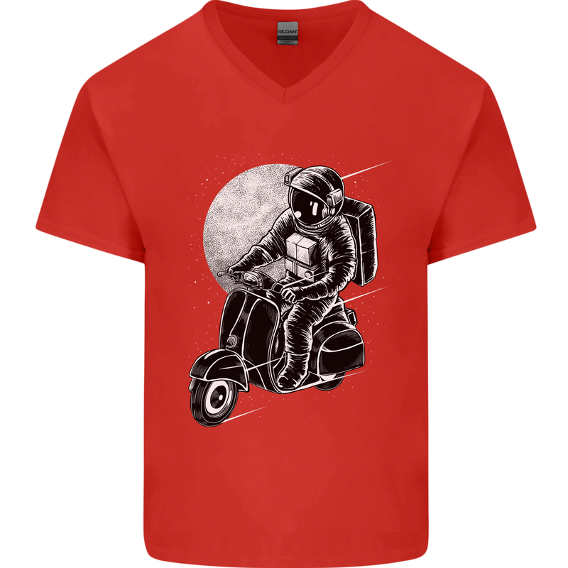 Astro Scooter Spaceman Biker Motorcyle MOD Mens V-Neck Cotton T-Shirt Red