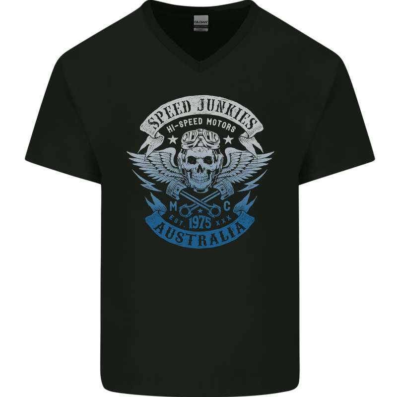 Australia Speed Junkies Biker Motorcycle Mens V-Neck Cotton T-Shirt Black