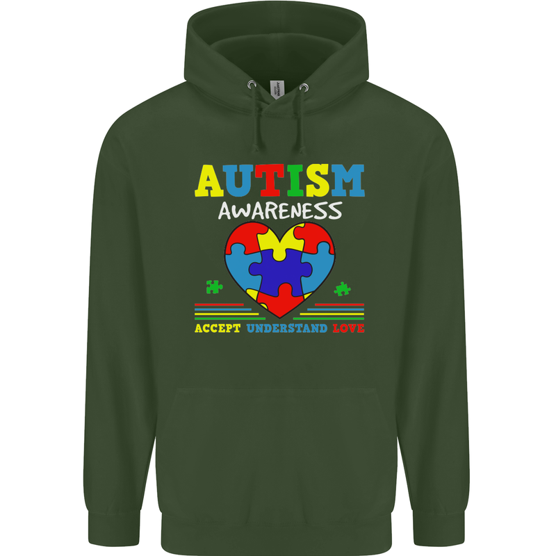 Autism Awareness Autistic Love Accept ASD Mens 80% Cotton Hoodie Forest Green