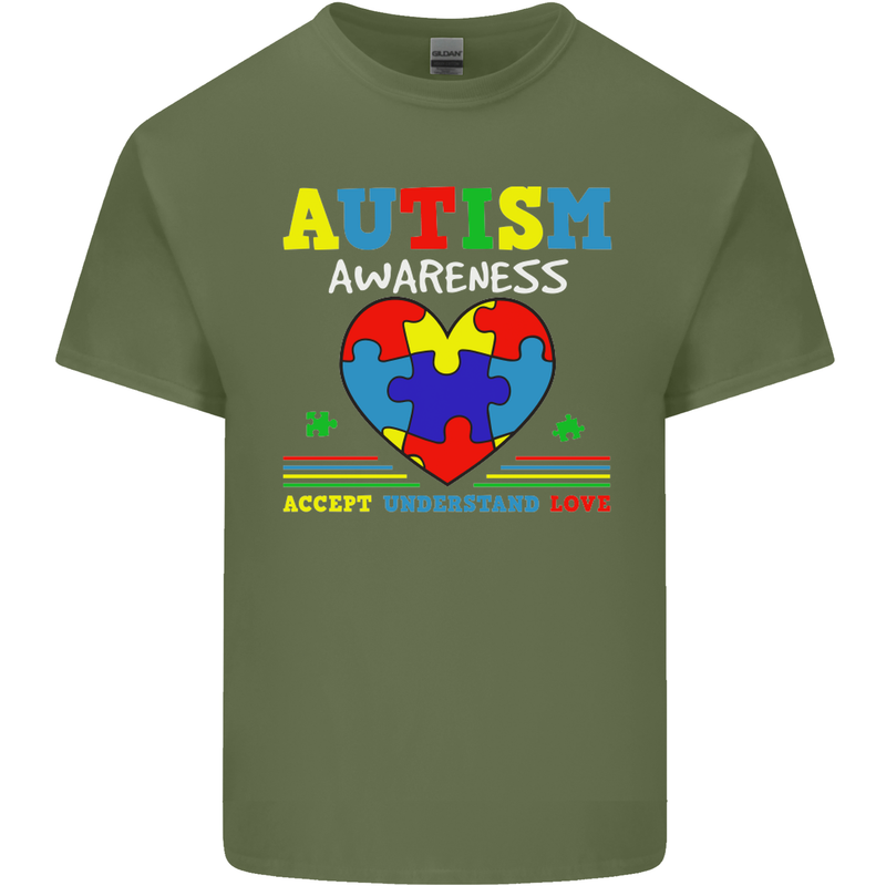 Autism Awareness Autistic Love Accept ASD Mens Cotton T-Shirt Tee Top Military Green