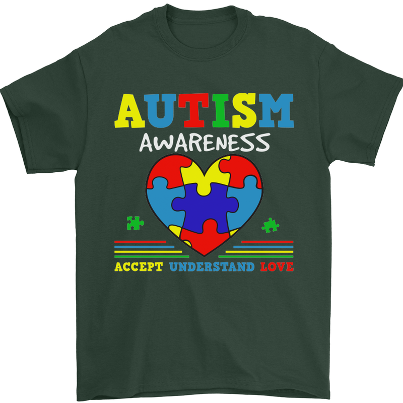 Autism Awareness Autistic Love Accept ASD Mens T-Shirt Cotton Gildan Forest Green
