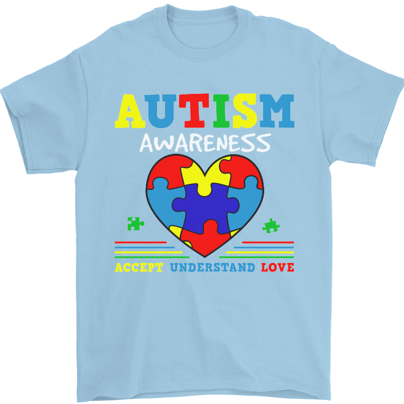 Autism Awareness Autistic Love Accept ASD Mens T-Shirt Cotton Gildan Light Blue