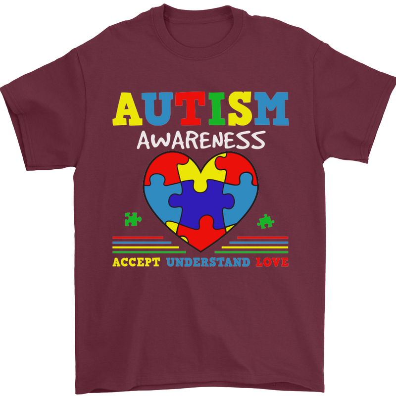 Autism Awareness Autistic Love Accept ASD Mens T-Shirt Cotton Gildan Maroon