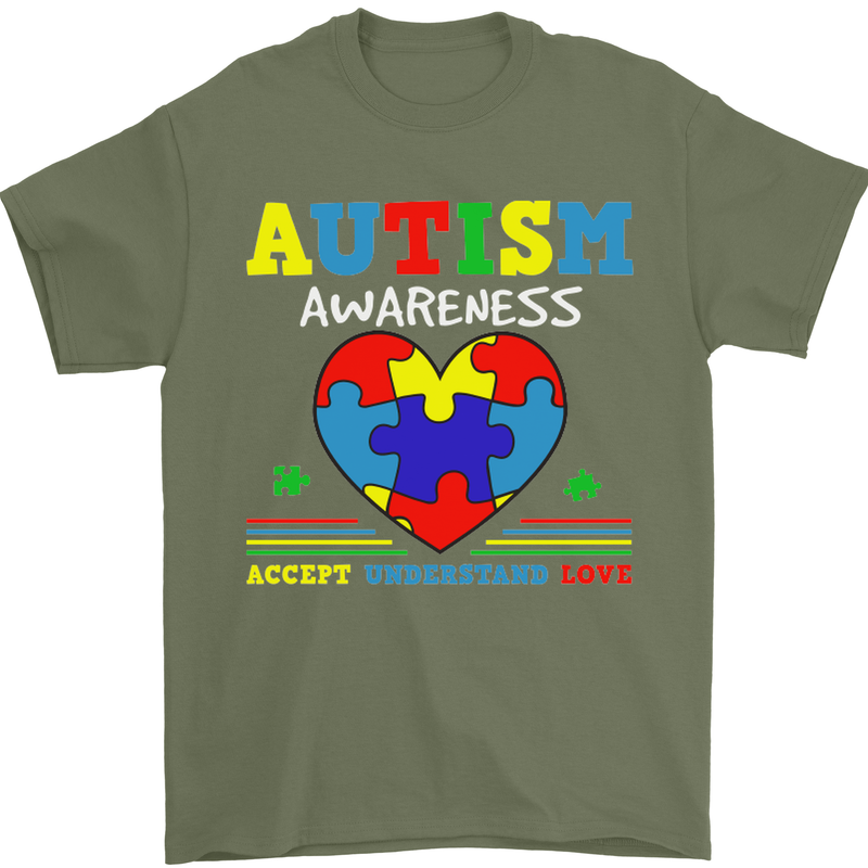 Autism Awareness Autistic Love Accept ASD Mens T-Shirt Cotton Gildan Military Green