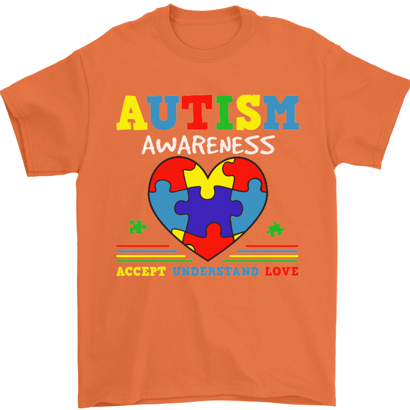 Autism Awareness Autistic Love Accept ASD Mens T-Shirt Cotton Gildan Orange