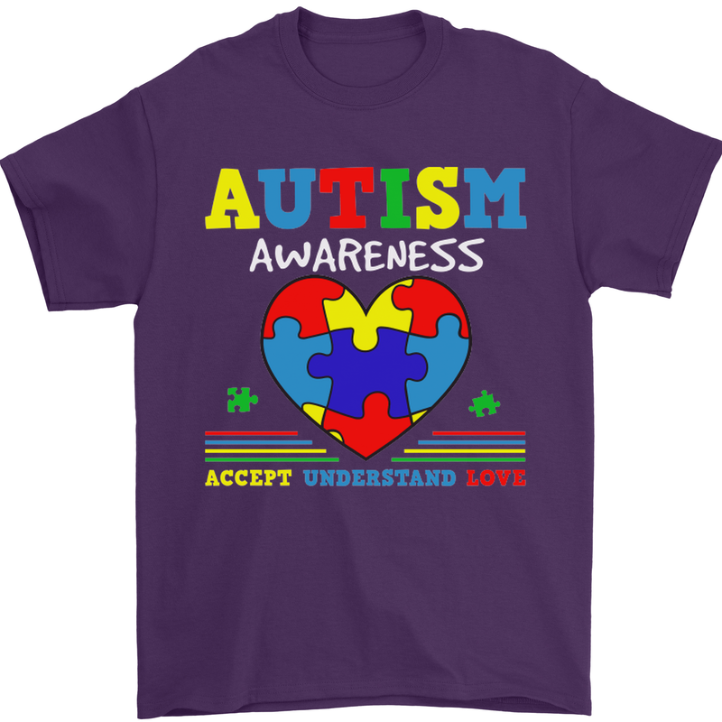 Autism Awareness Autistic Love Accept ASD Mens T-Shirt Cotton Gildan Purple